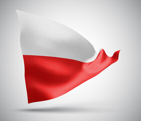 Poland, vector flag with waves and bends waving in the wind on a white background.