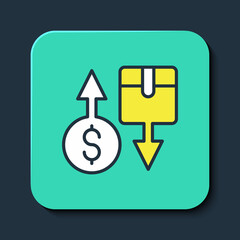 Filled outline Tax carton cardboard box icon isolated on blue background. Box, package, parcel sign. Delivery and packaging. Turquoise square button. Vector