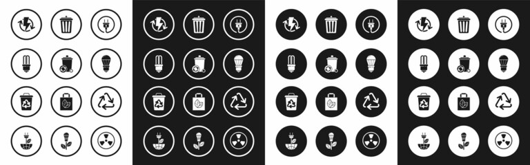 Set Electric plug, Recycle bin with recycle symbol, LED light bulb, Recharging, Trash can, and icon. Vector