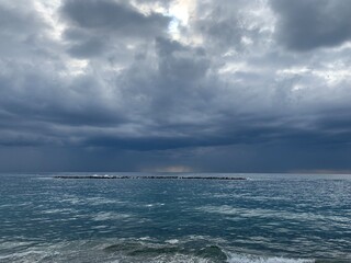 Dark sky sea horizon, natural seascape background, vivid colors