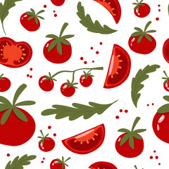 Seamless pattern with vegetables. Bright tomatoes of different colors and sizes, pieces and leaves. Pattern on a white background. For textiles, paper, packaging. Vector illustration