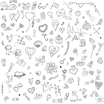 A huge doodle set for Valentine's Day or wedding. Hearts, love, flowers, candles, gifts, feelings, emotions in one set of icons.