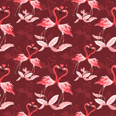 Seamless pattern, Two flamingos in love and hearts. Romantic Valentine's Day template. Pattern trend design.