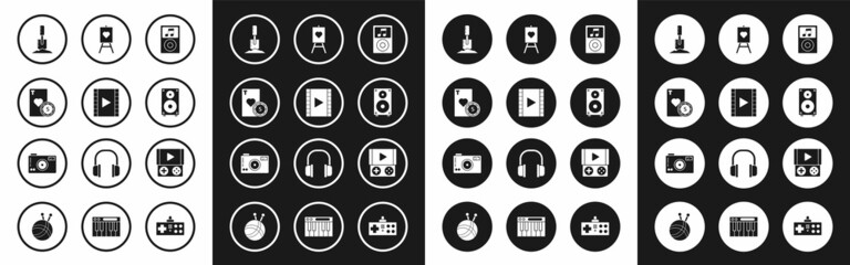 Set Music player, Play Video, Casino chip and playing cards, Shovel the ground, Stereo speaker, Wood easel or painting art boards, Portable video game console and Photo camera icon. Vector