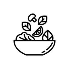 Salad in bowl thin line icon. Ingredients are falling in bowl: lemon, champignon, lettuce. Healthy food. Modern vector illustration for salad bar.