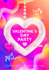 Valentine's Day party poster design with Creative 3d heart and graphic elements. Vector Gradient trendy love illustration