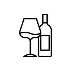 Wine bottle and wine glass thin line icon. Romantic dinner. Modern vector illustration.