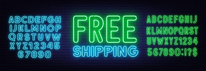 Free shipping neon sign on brick wall background