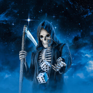 Death throwing dice - 3D illustration of grim reaper with scythe playing magical game of chance against starry night sky
