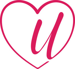 monogram letter U with heart, hand drawing, heart sign