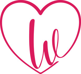 monogram letter W with heart, hand drawing, heart sign