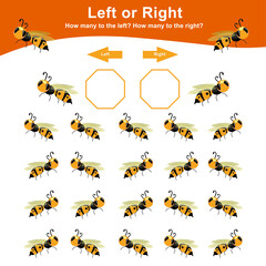 Left or Right Game for Preschool Children. Worksheet activity for preschool kids. Insects education math printable worksheet to counting how many are left and right. Vector illustration.