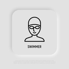 Face of swimmer in swimming cap and goggles. Thin line icon. Modern vector illustration.