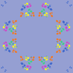 Stylized colored branches with leaves, flower, bud. Hand drawn.