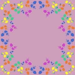 Stylized colored branches with leaves, flower, bud. Hand drawn.