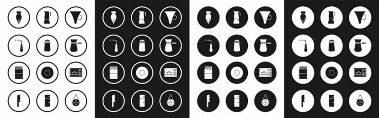 Set Funnel or filter, Salt and pepper, Long electric lighter, Pastry bag for decorate cakes, Coffee turk, Moka pot, Microwave oven and Open matchbox matches icon. Vector