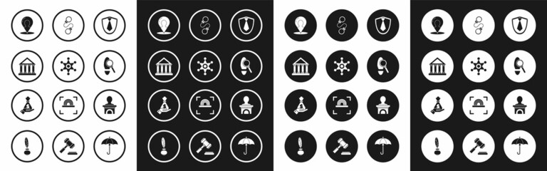 Set Tie, Hexagram sheriff, Courthouse building, Map marker with silhouette of person, Magnifying glass footsteps, Handcuffs, Stage stand or debate podium rostrum and holding money bag icon. Vector