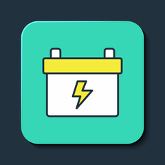 Filled outline Car battery icon isolated on blue background. Accumulator battery energy power and electricity accumulator battery. Turquoise square button. Vector