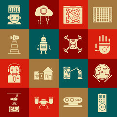 Set Remote control, Robot vacuum cleaner, Mechanical robot hand, Global technology or social network, Antenna, and Drone flying with action camera icon. Vector
