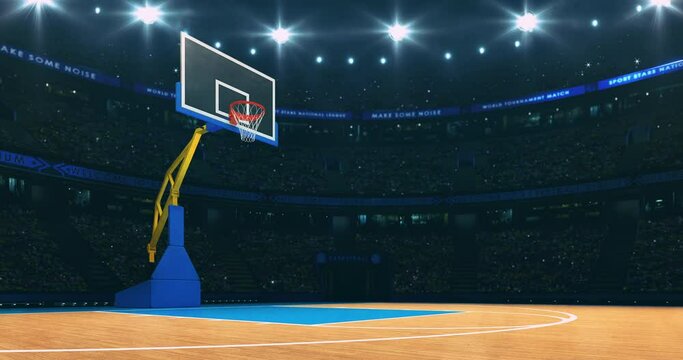 Basketball court and view on the basket. Sport arena as 4k background animation in endless loop.