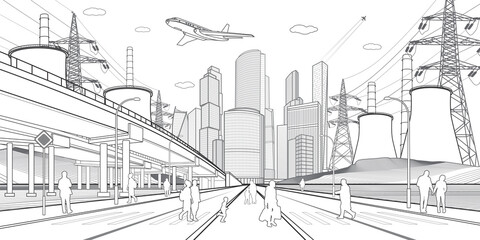 Wide highway. Modern night town. City energy system. Car overpass. People walking at street. Infrastructure urban illustration. Black outlines on white background. Vector design art  - 481342800