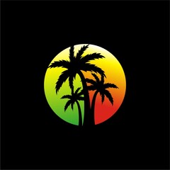 Palm tree silhouette in circle isolated on black background