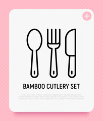 Bamboo cutlery set thin line icon. Zero waste. Modern vector illustration.