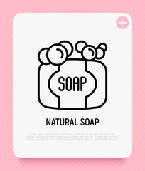Natural soap bar with bubbles thin line icon. Zero waste. Modern vector illustration.