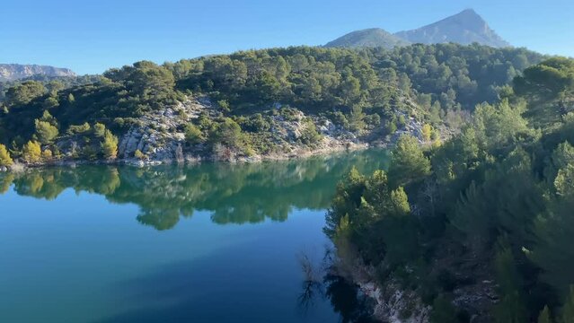 Montagne Saint-Victoire and Bimont lake seen from the Bimont Dam in Saint-Marc-Jaumegarde in France