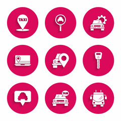 Set Map pointer with taxi, Taxi car, Trolleybus, Car key, Laptop location marker, service and icon. Vector