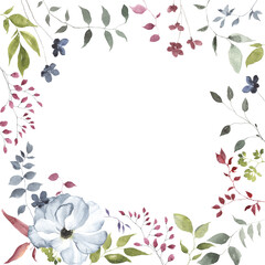 Fototapeta na wymiar Floral frame with abstract blue flower and colored foliage, watercolor border isolated on white background for invitation or greeting card, cover or banner, garden illustration for your text.