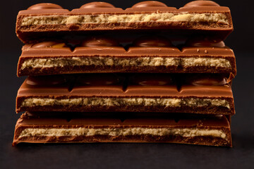 Pieces of Chocolate with caramel cream on a black background