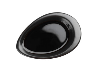 Bowl of tasty soy sauce isolated on white, top view