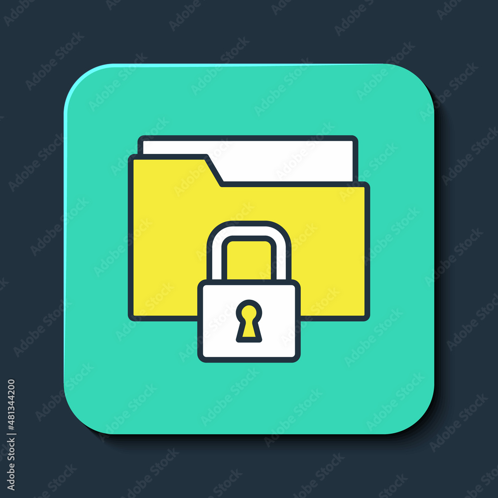 Poster filled outline folder and lock icon isolated on blue background. closed folder and padlock. security