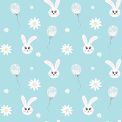 Seamless pattern with bunny head, balloon and chamomiles on blue background. Great for textile, fabric prints, wrapping paper.