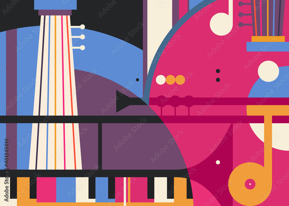 Wall mural abstract banner with different music instruments. creative placard design in flat style.