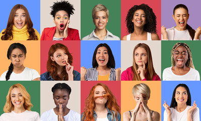Fototapeta na wymiar Collage of diverse women expressing different emotions