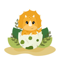 Funny baby dinosaur Triceratops in the egg shell. Dinosaur hatches from an egg © Darriar