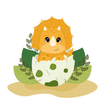 Funny baby dinosaur Triceratops in the egg shell. Dinosaur hatches from an egg