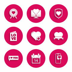 Set Heart, Calendar with February 14, Smartphone heart speech bubble, and ribbon, Speech I love you, Valentines day party flyer, shield and the center of darts target aim icon. Vector