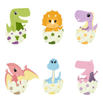 Set of cute baby dinosaurs in an egg shell. Cute baby tyrannosaurus, brontosaurus, triceratops, diplodocus, pterodactyl. Dragon in egg