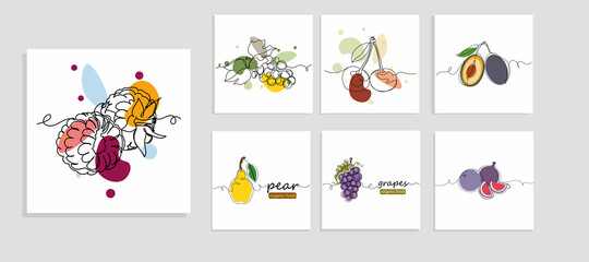 Continuous one simple single abstract line drawing of set fruit icon in silhouette on a white background. Linear stylized.