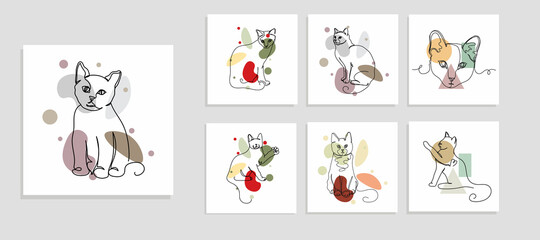 Fototapeta premium Continuous one simple single abstract line drawing of set animals cats icon in silhouette on a white background. Linear stylized.