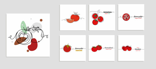 Continuous one simple single abstract line drawing of set fresh tomatoes organic food icon in silhouette on a white background. Linear stylized.