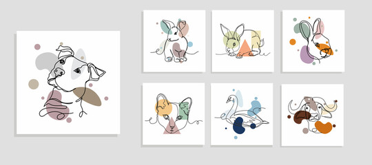 Continuous one simple single abstract line drawing of set animals icon in silhouette on a white background. Linear stylized.