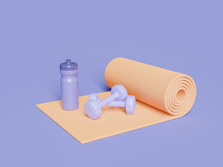 mat with dumbbells and sport bottle on top