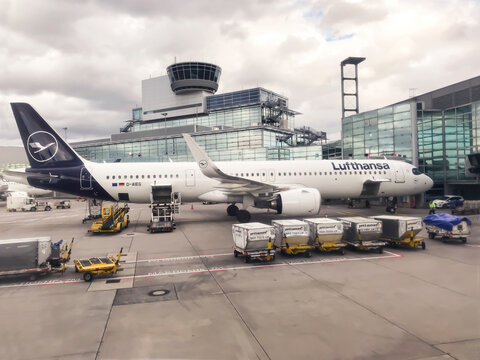 Busy Airport With Airplane From Lufthansa. Frankfurt, Germany - October 21, 2021.