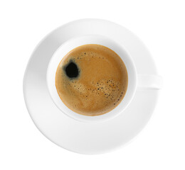 Cup of tasty coffee isolated on white, top view