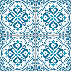 Lisbon, Portuguese style Azulejo tile seamless vector pattern in turquoise, repetitve floral wallpaper or textile, fabric print 
