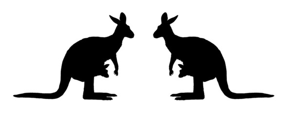 Mama kangaroo with baby in her pocket. Australian animals silhouette illustration.